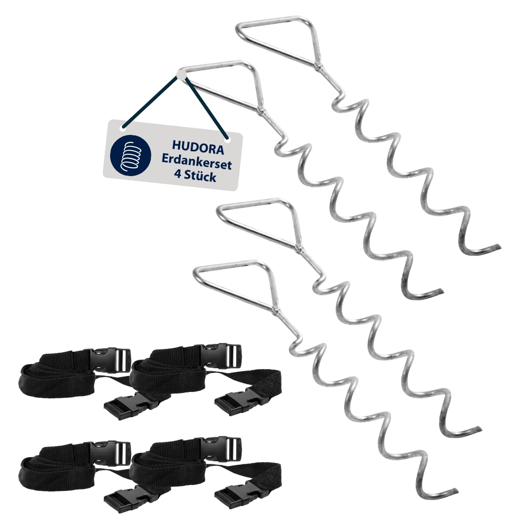 HUDORA Bodenanker Set 4x schwarze 1700mm Gurte 4x Spiralhaken ohne Ring, 4x schwarze 1700mm Gurte 4x