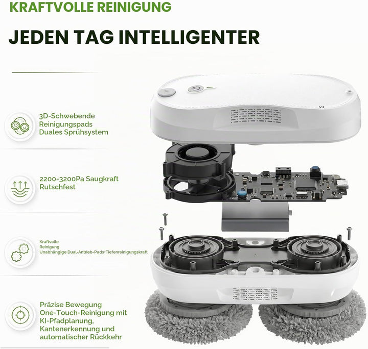 KKI Fensterreinigungsroboter, Automatischer Fensterreiniger-Roboter, Dual-Spray, max3200 Pa, KI-Pfad