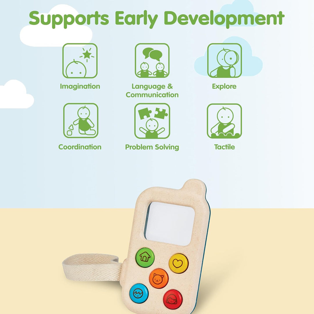 PlanToys Mein erstes Handy - Kinder Handy aus Holz - Kindertelefon mit Lupenbildschirm - mit Handsch