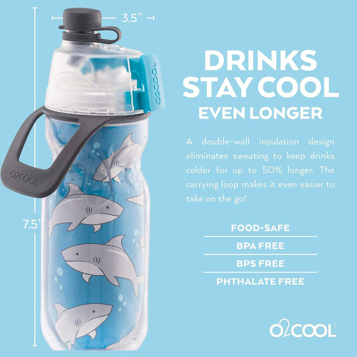 O2COOL Flasche Kids Mist N' Sip Sprühflasche, Kunststoff, Haie, 12 oz, Haie