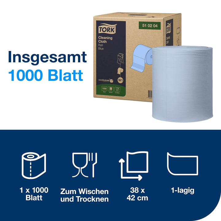 Tork 510204 Reinigungstücher für W1 Bodenständer- und Wandhalter-System / 1-lagige Putzrolle in Blau