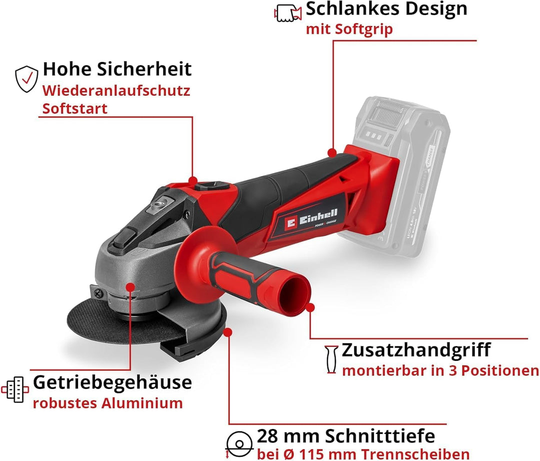 Einhell Akku-Winkelschleifer TC-AG 18/115 Li-Solo Power X-Change (18 V, 115 mm Scheibendurchmesser,