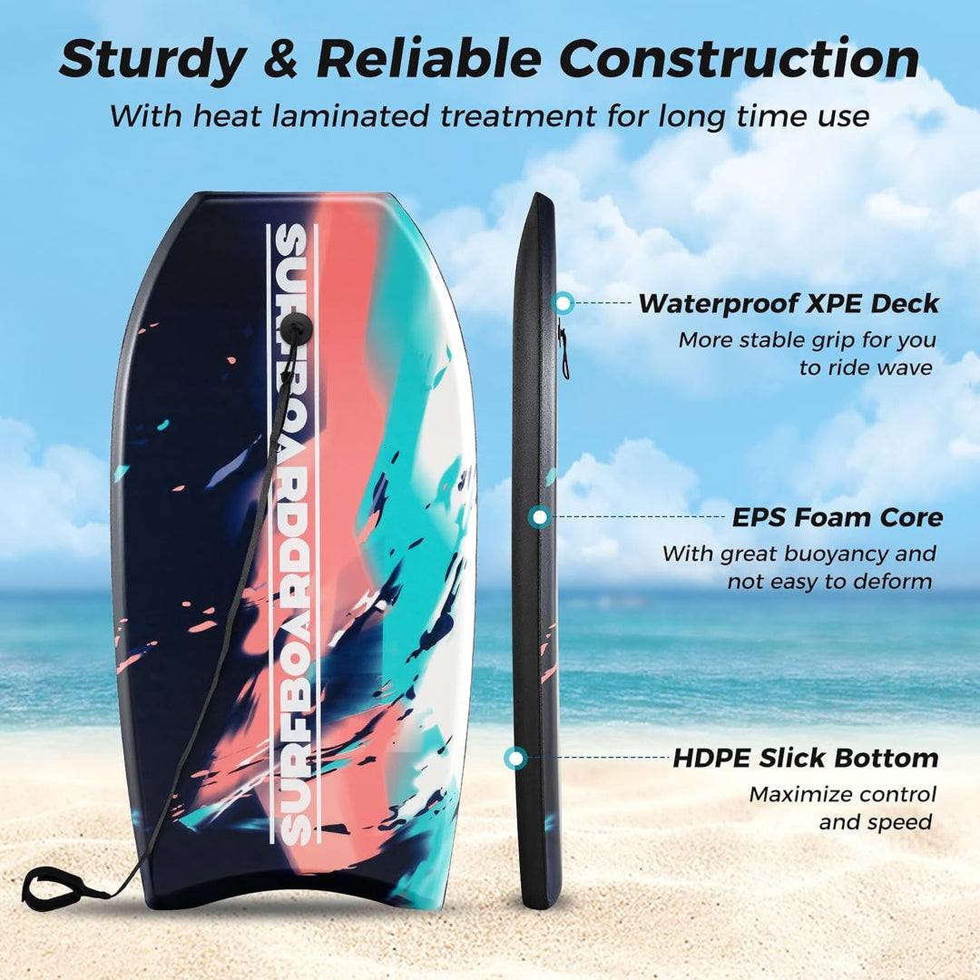 HOMASIS Leichtes Bodyboard, Surfbrett mit EPS-Kern, XPE-Deck, HDPE-Boden & Handgelenk-Leash, Surfboa