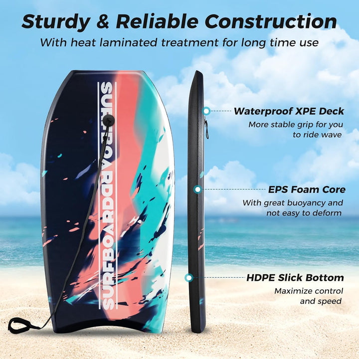 HOMASIS Leichtes Bodyboard, Surfbrett mit EPS-Kern, XPE-Deck, HDPE-Boden & Handgelenk-Leash, Surfboa