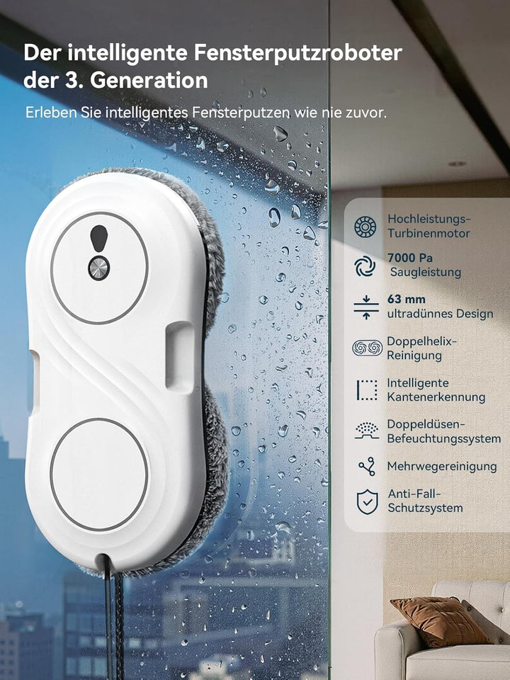 Fensterputzroboter mit Turbinenmotor, 7000 Pa Saugkraft Elektrischer Fensterroboter, ultradünn 63 mm
