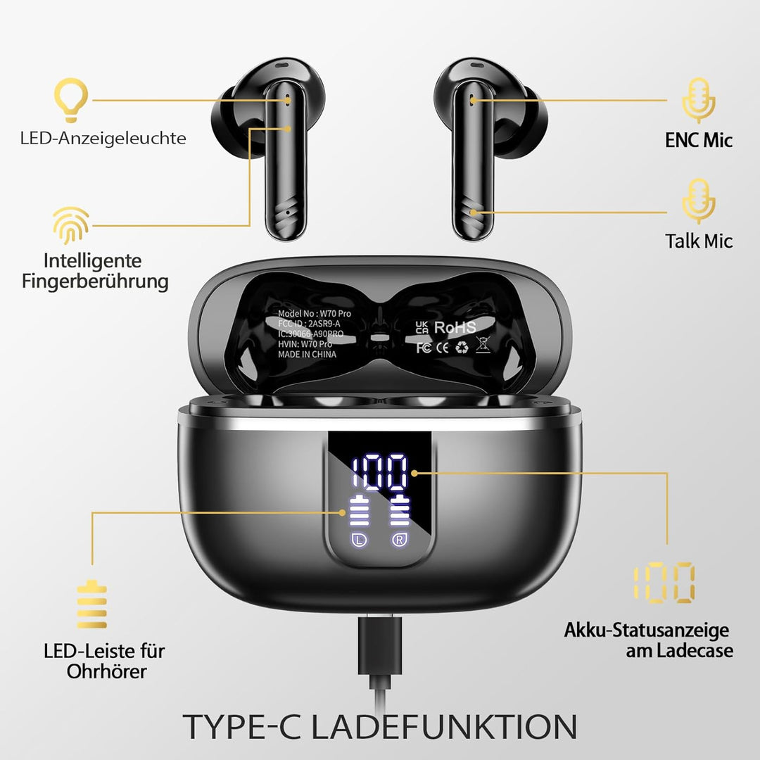 W70 Pro Bluetooth Kopfhörer In-Ear, Bluetooth 5.4 Wireless Earbuds mit HiFi-Sound, Sport Ohrhörer mi