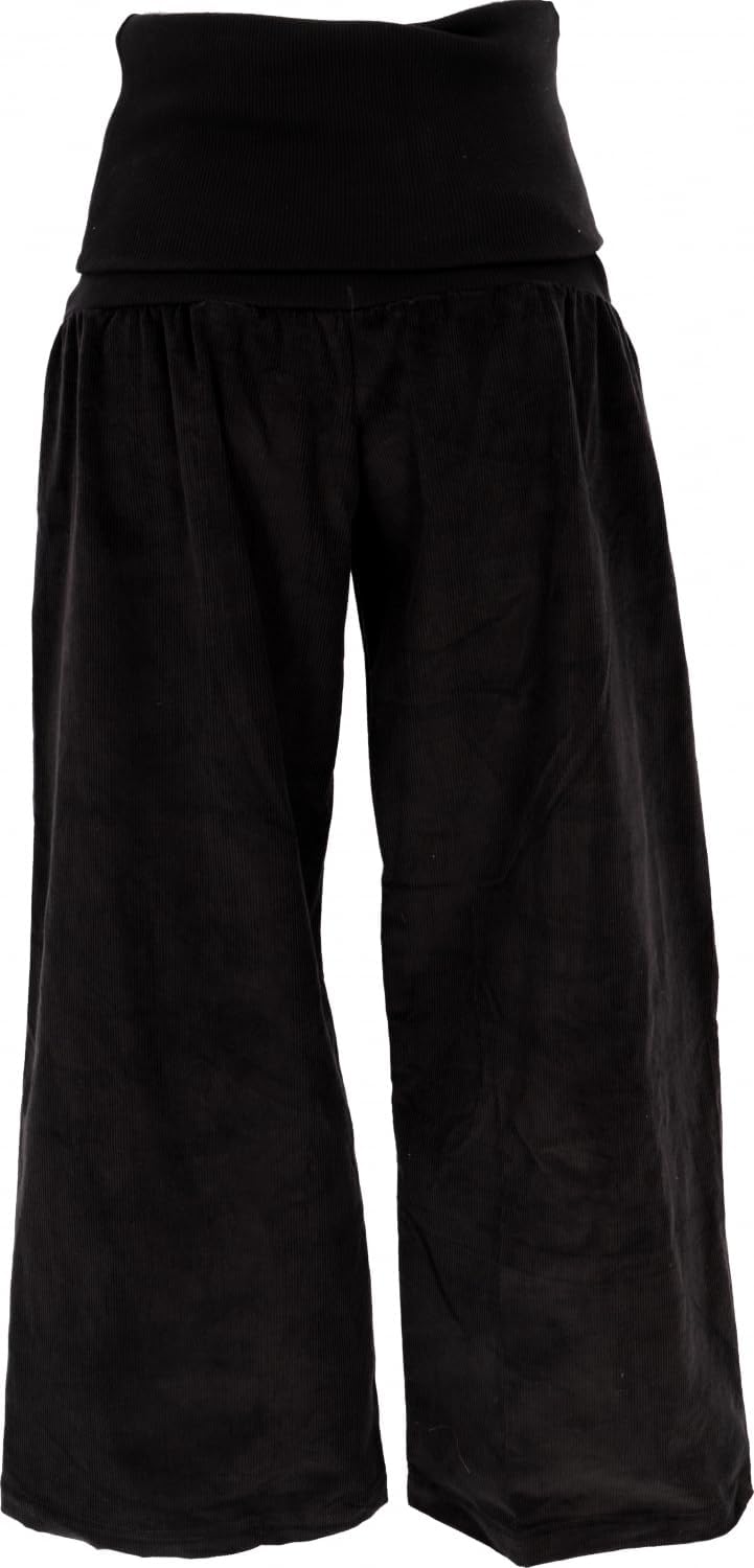 GURU SHOP Weite Cord, Wellnesshose, Yogahose, Hose mit Breitem Bund, Damen, Baumwolle 36 Schwarz, 36