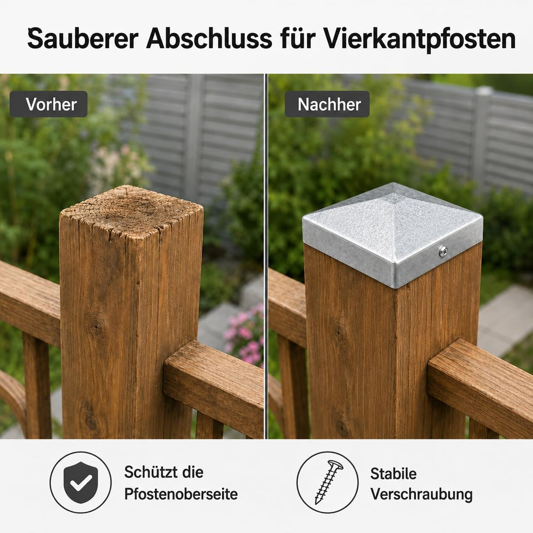 10 Stück Pfostenkappen 7 × 7cm mit 20 Schrauben | Verzinkte Metall Pfostenabdeckung in Pyramidenform