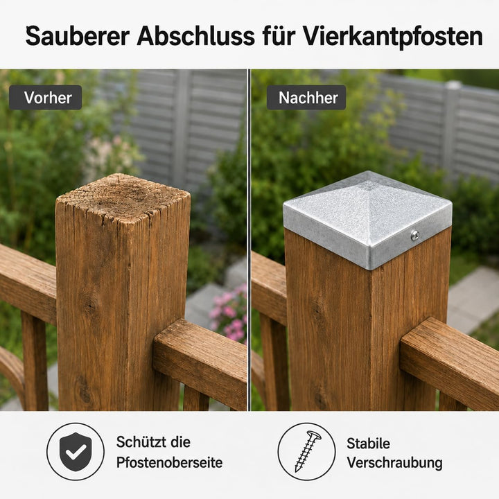 10 Stück Pfostenkappen 7 × 7cm mit 20 Schrauben | Verzinkte Metall Pfostenabdeckung in Pyramidenform