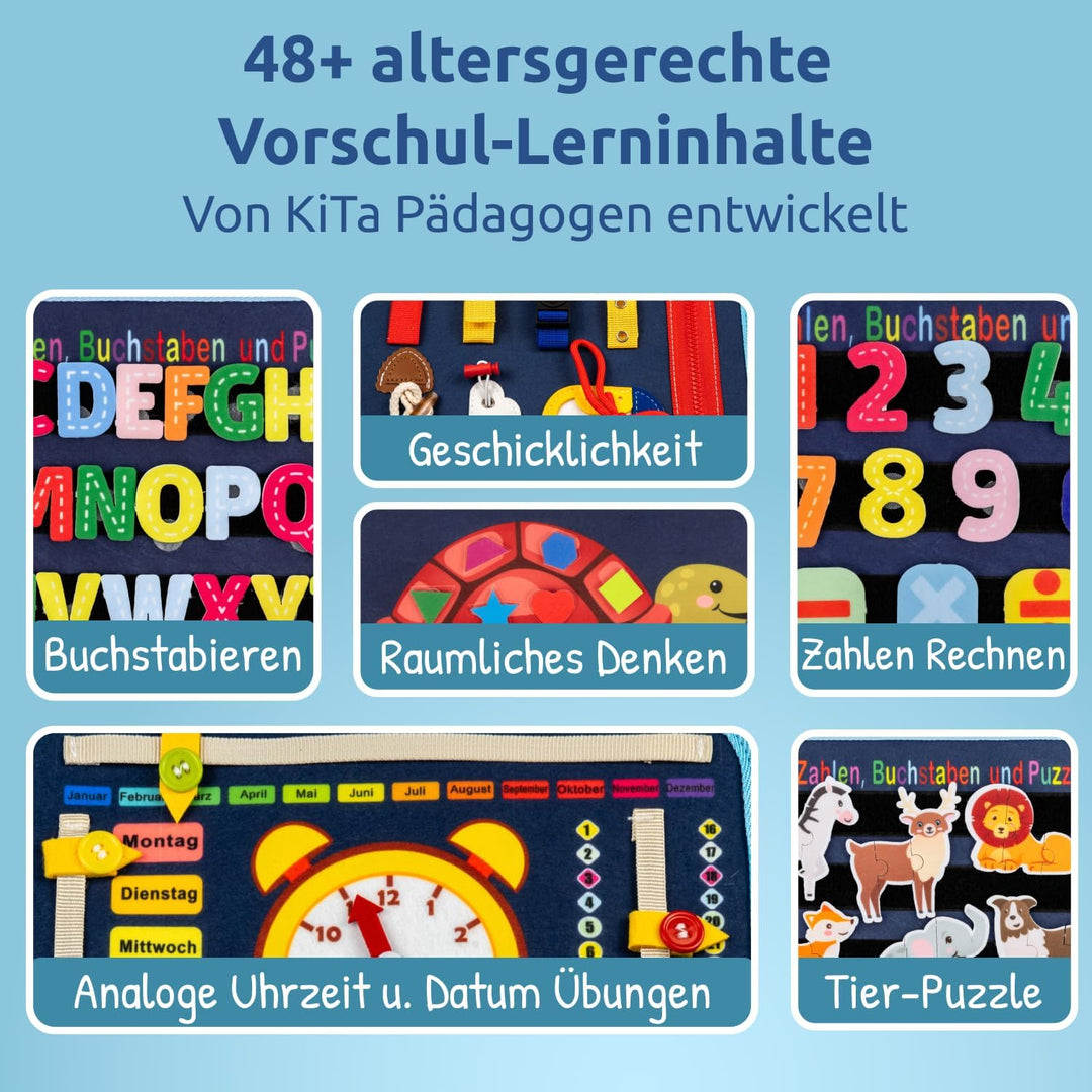 Mallie® Busy Board Deutsch inkl. Gratis Reisetasche & Montessori Buch und Perfekt für Reisen im Auto