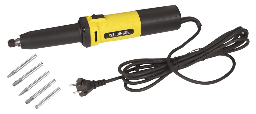 WELDINGER Geradschleifer GS 650el 650 W Aufnahme 3/6/8 mm + HM Frässtifte SET 6 mm B C D F G für Met