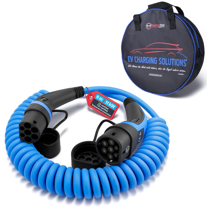 TEUTSCHTECH, EV Ladekabel Spiral I Blau I 6M I TYP2 auf TYP2 I 11kW I 3X16A I 3-phasig I Nutzbare Lä