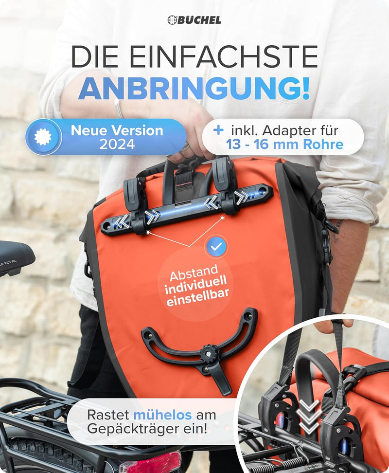 Büchel Fahrradtasche für Gepäckträger I 25.4 L - 100% Wasserdicht I mit Tragegriff und Schultergurt