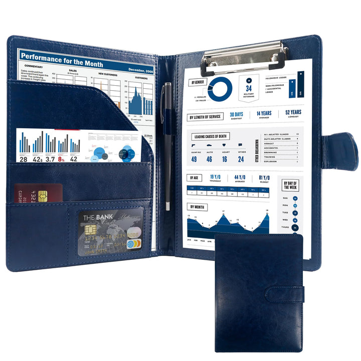 Schreibmappe A5 Klemmbrett Mappe mit Magnetischer Verschluss, organizer büro mappe, Blau Ordner, Dok