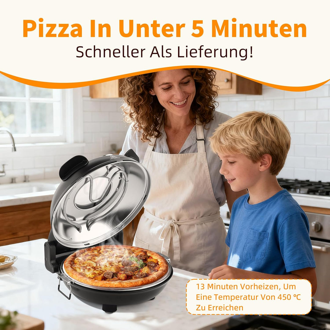 Pizzaofen Elektrisch, 1200W Pizzaofen in 4-Min-Pizza, 31cm Feuerfeste Pizzastein, 420℃ Pizzabackofen