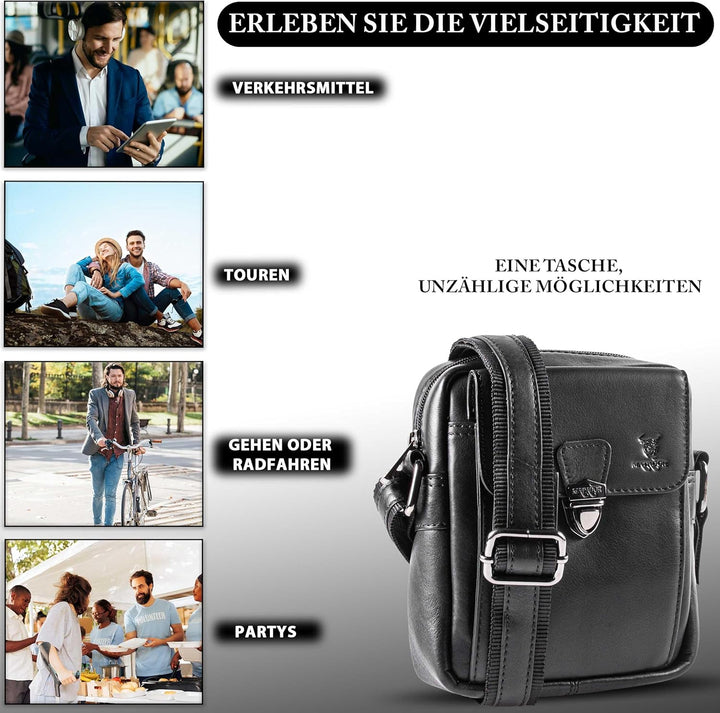 MATADOR kleine kompakte Leder Umhängetasche Herren Ledertasche Schultertasche Schwarz Nappa, Schwarz