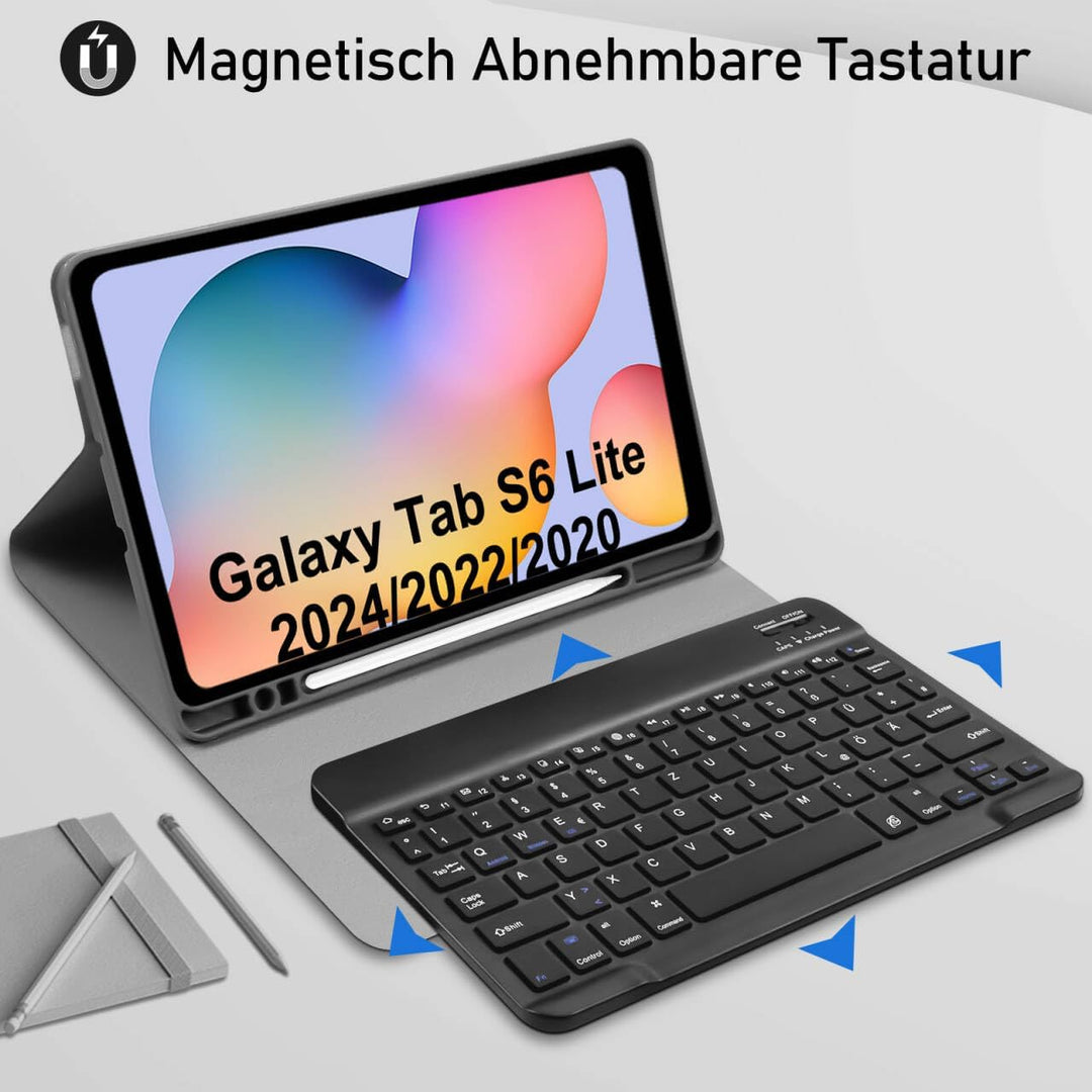 Hülle mit Tastatur für Samsung Galaxy Tab S6 Lite 2024/2022/2020, Schutzhülle mit Pencil Halter Wire