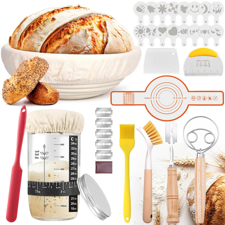 11-teilig Gärkorb Brot Set, Sauerteig Starter Set, Gärkörbchen Rund 25cm, Brot Backen Zubehör, 730ml