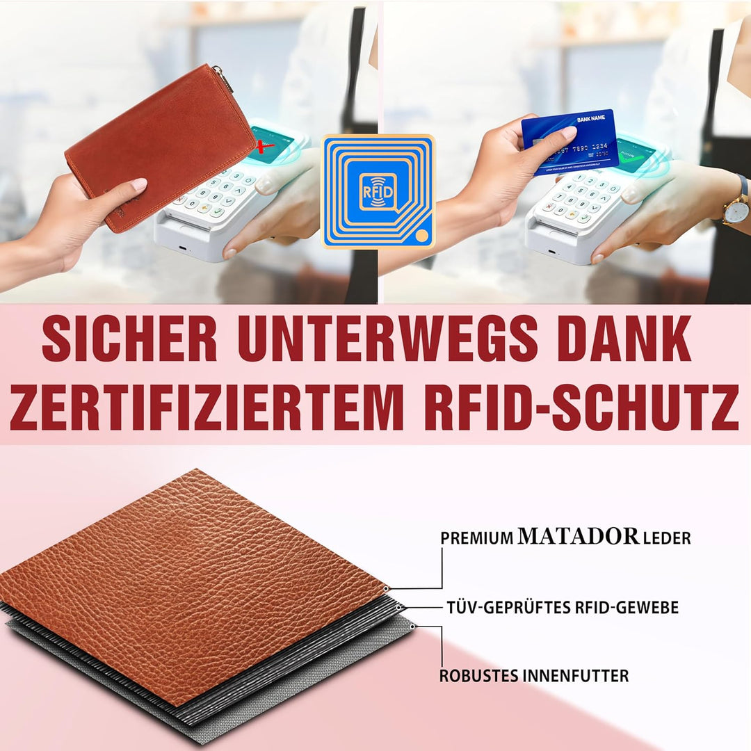 MATADOR Damen/Frauen Geldbörse mit TÜV Geprüfter RFID/NFC Schutz Hochwertige Portemonnaie Rinds Lede