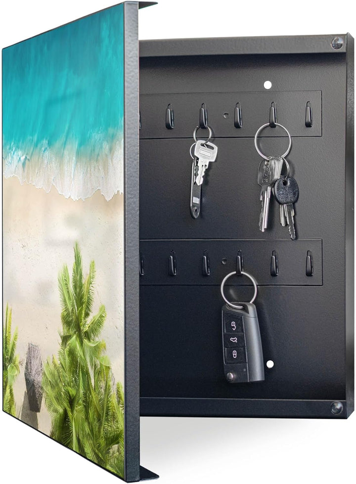banjado® Grosser Schlüsselkasten Glas/Schlüsselbox 30cm x 30cm mit 50 Haken - Motiv Strandtag/Schlüs