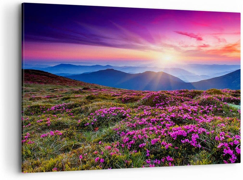 Bilder auf Leinwand 100x70cm Leinwandbild Wiese Berg Himmel Landschaft Gross Wanddeko Bild Schlafzim