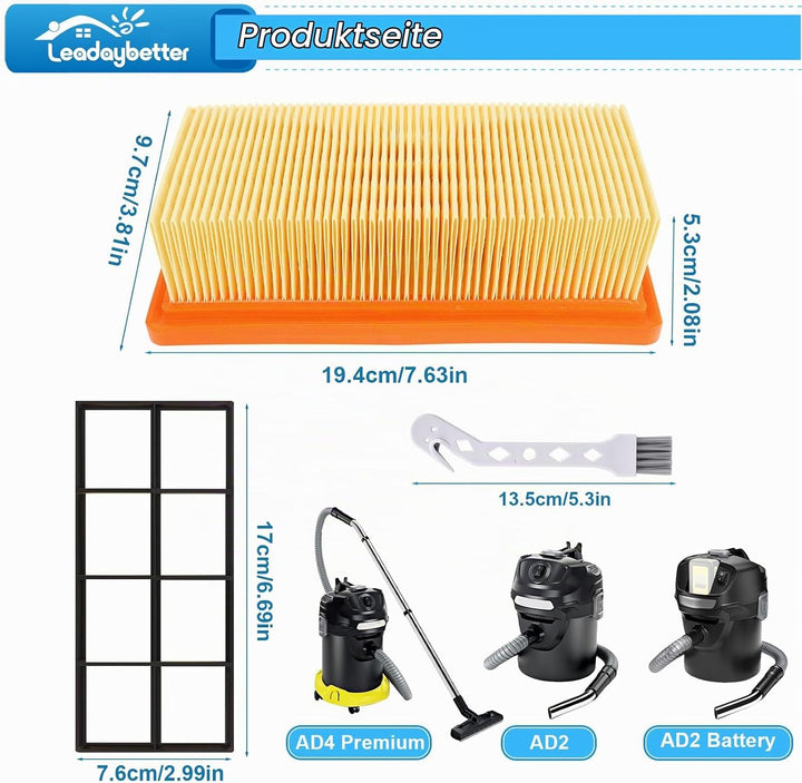 3 Stück KFI 7420 Flachfaltenfilter für Kärcher AD2, AD2 Battery, AD4 Premium, AD3 Premium, AD3, AD 3
