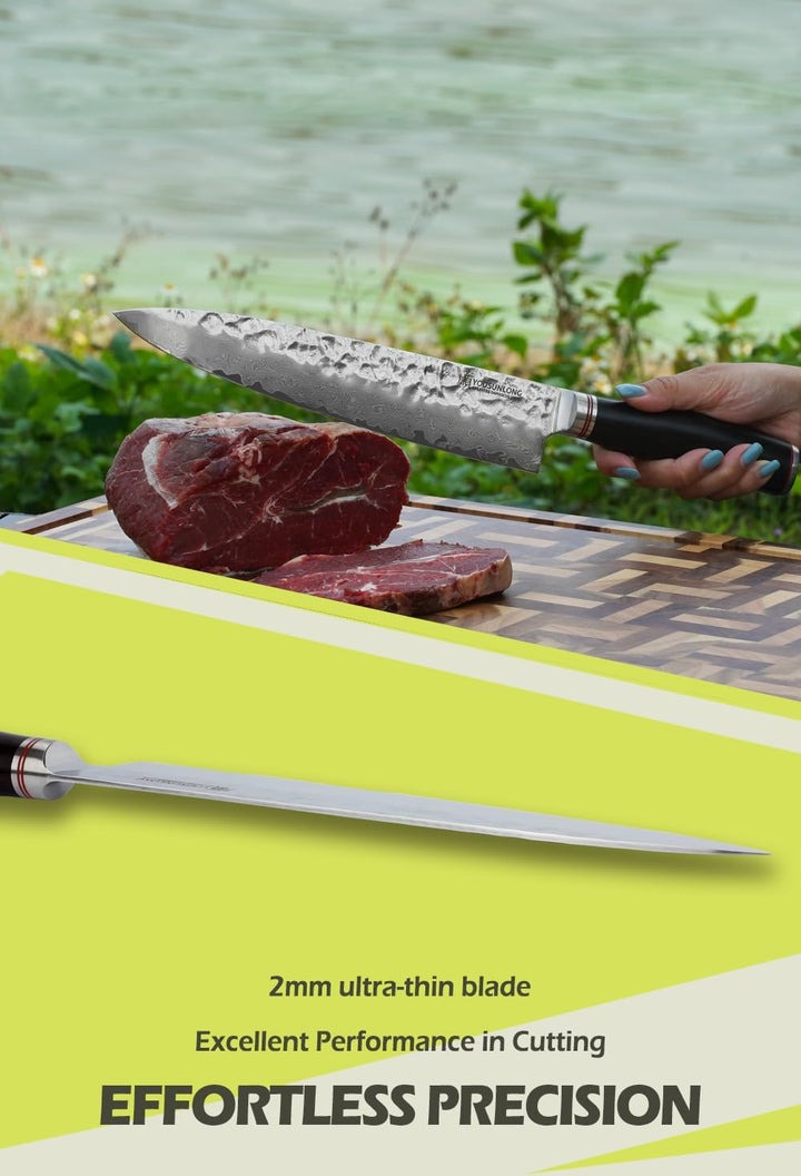 YOUSUNLONG Kochmesser 10 Zoll Pro Gyuto Japanisch Gehämmerter Damaststahl Natur Bleiholzgriff mit Le