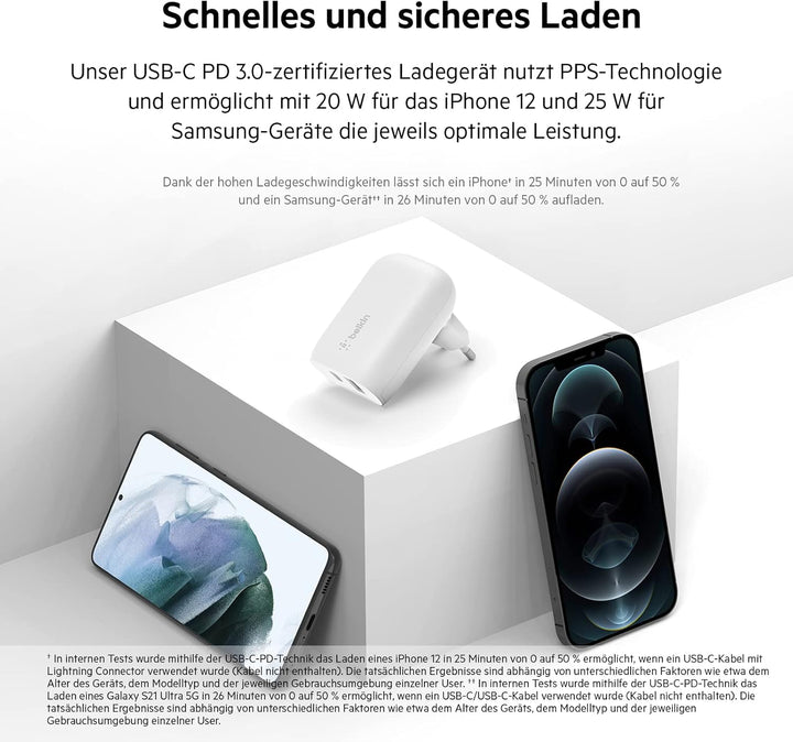 Belkin USB-C PPS PD Handy-Ladegerät, 37 W, mit 2 Anschlüssen, Power Delivery, 25-W-USBC- und 13-W-US