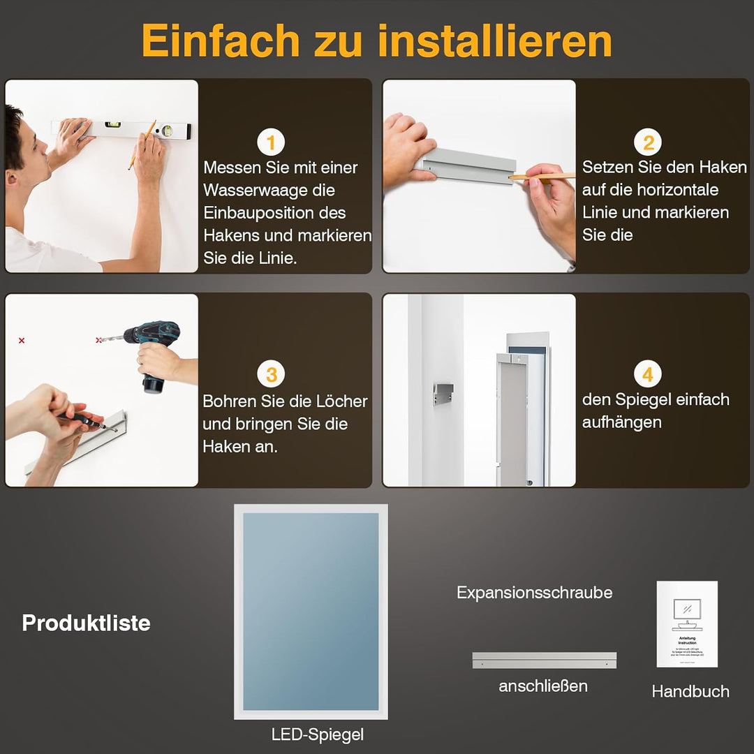 Badezimmer Spiegel mit Beleuchtung, 45 x 60cm LED Bad Spiegel mit Licht, Antibeschlag, Badezimmerspi