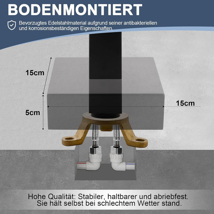 Freistehende Schwarze Edelstahl Gartendusche mit Warm- &amp; Kaltwasser | 10-Zoll Regenduschkopf, Edelst