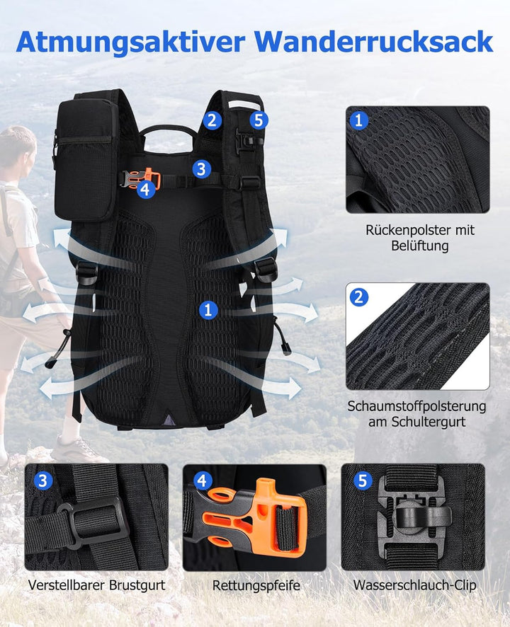 22L Wanderrucksack Herren Damen, Klein Rucksack Leicht Reiserucksack mit Telefonhalter, Trekkingruck