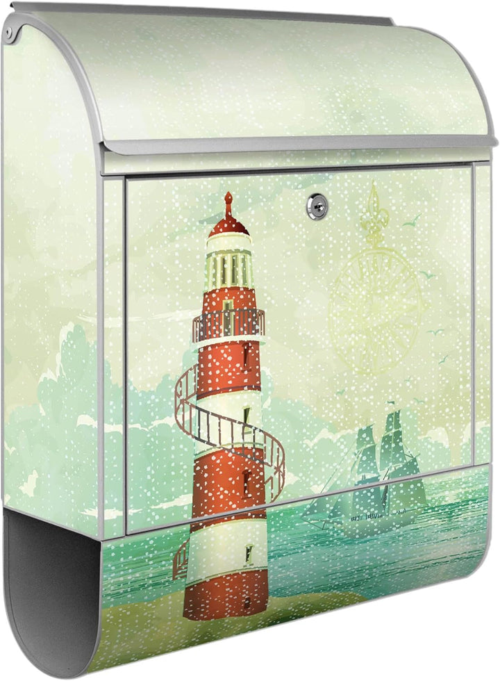 banjado® Design Briefkasten mit Motiv Alter Leuchtturm 39x47x14cm &amp; 2 Schlüssel - Briefkasten Stahl