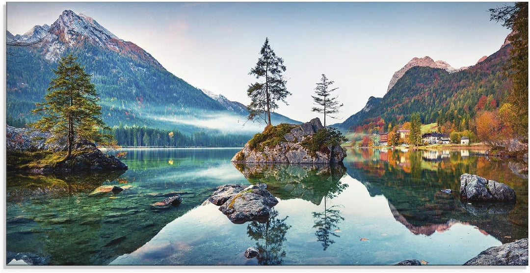 Glasbilder Wandbild Glas Bild einteilig 60x30 cm Querformat Landschaft Alpen Berge See Wald Natur Ge