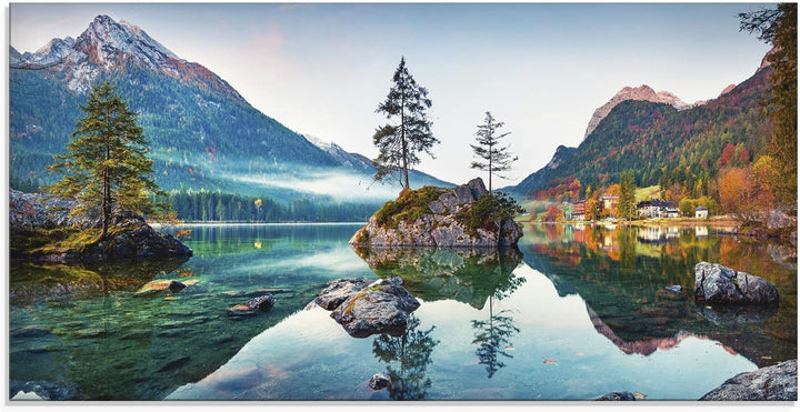 Glasbilder Wandbild Glas Bild einteilig 60x30 cm Querformat Landschaft Alpen Berge See Wald Natur Ge
