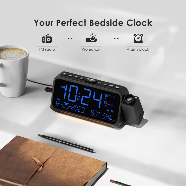 ROCAM Radiowecker mit Projektion, Projektionswecker für Schlafzimmer, Digital Uhr, Dimmer, Typ-C USB