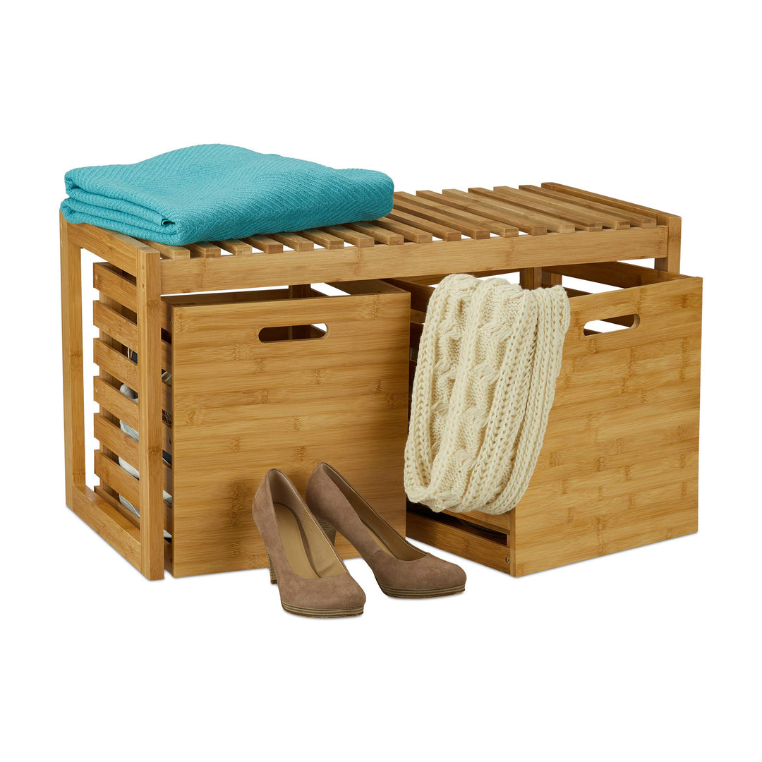 Relaxdays Sitzbank mit Stauraum, Bambus, 2 Aufbewahrungsboxen, Bank für Flur, Bad, Garderobe, HBT 44