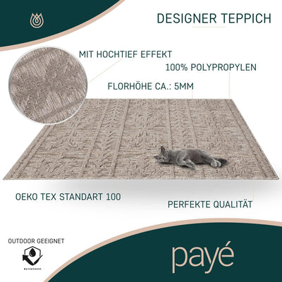 payé Teppich Wohnzimmer - Boho Braun 280x380cm - Ethno Optik - Teppiche für Balkon Terrasse Garten -