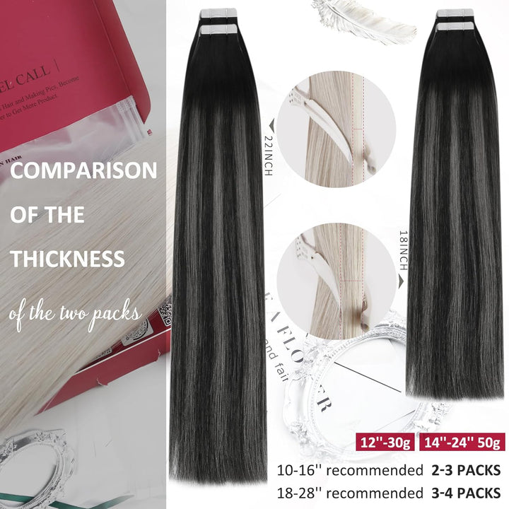 Moresoo Tape in Extensions Schwarz Ombre Silber Remy Echthaar Extensions Tape Balayage Schwarz bis S