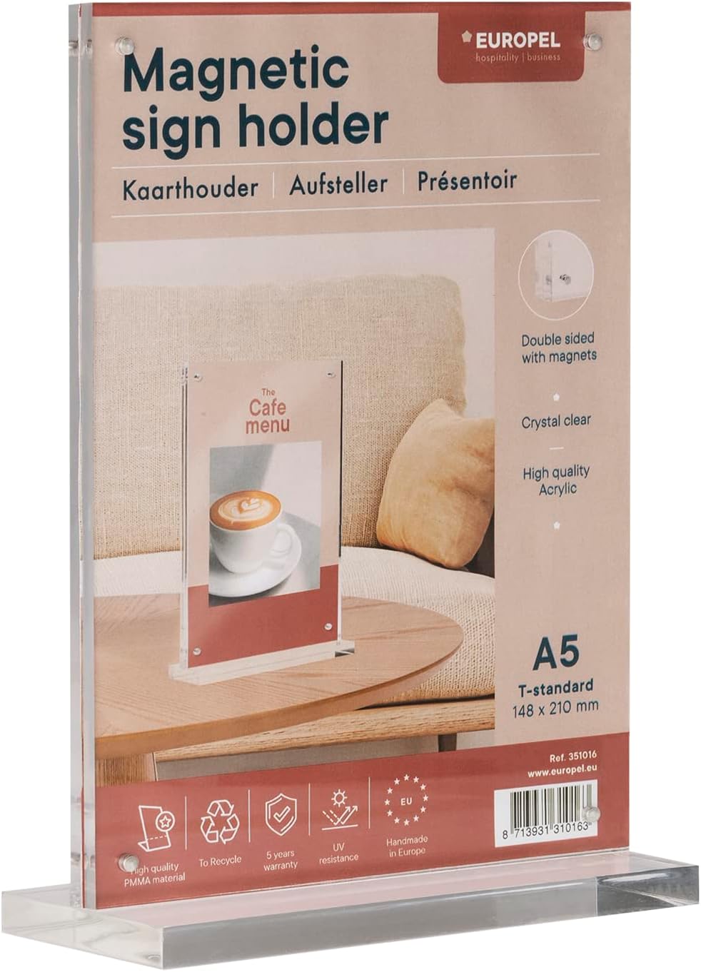 Europel Luxe Tischaufsteller DIN A5, T-Aufsteller, mit Magnete, Hochformat, Acryl, Speisekarten & Pr