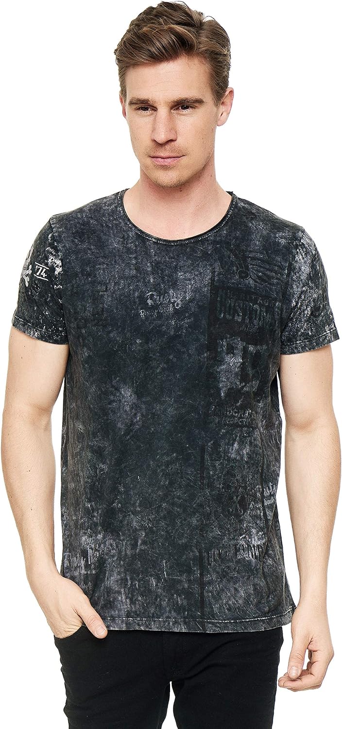 Rusty Neal Herren T-Shirt Rundhals All Over Print Tee Shirt Kurzarm Regular Fit Stretch 100% Baumwol