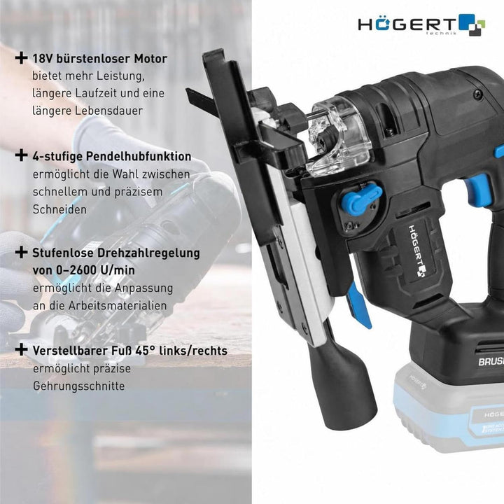 HÖGERT TECHNIK Akku-Pendelhubstichsäge 18V, bürstenloser Motor, kabellos, 0-2600 U/min, 26mm Klingen