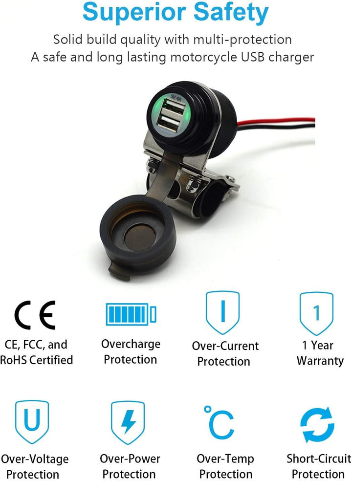 Cliff Top 4A 20W USB-Ladegerät für Motorräder aus Aluminium, mit magnetischem Netzschalter, strapazi