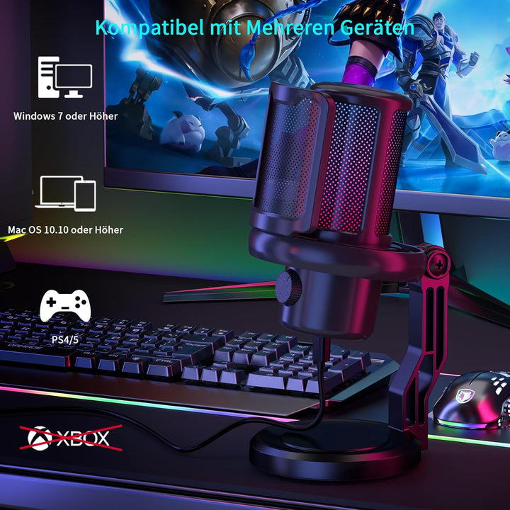 K KASONIC Gaming Mikrofon mit RGB-Beleuchtung, USB Kondensatormikrofon mit Pop-Filter für PC, Schnel