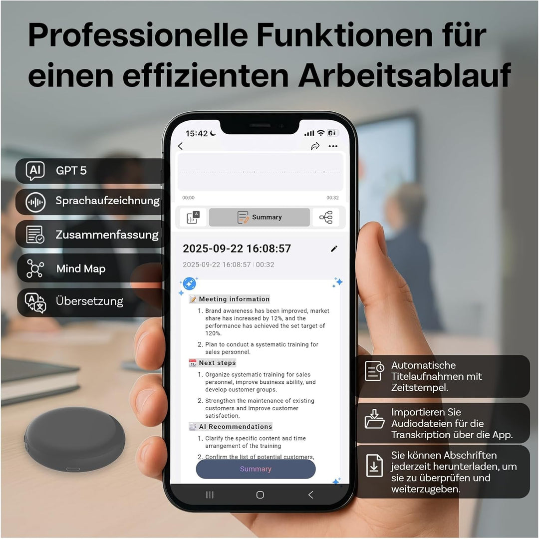 KI-Sprachrekorder von MMOBIEL – 32GB Rundes Digitales Diktiergerät mit App-Steuerung, KI-Transkripti