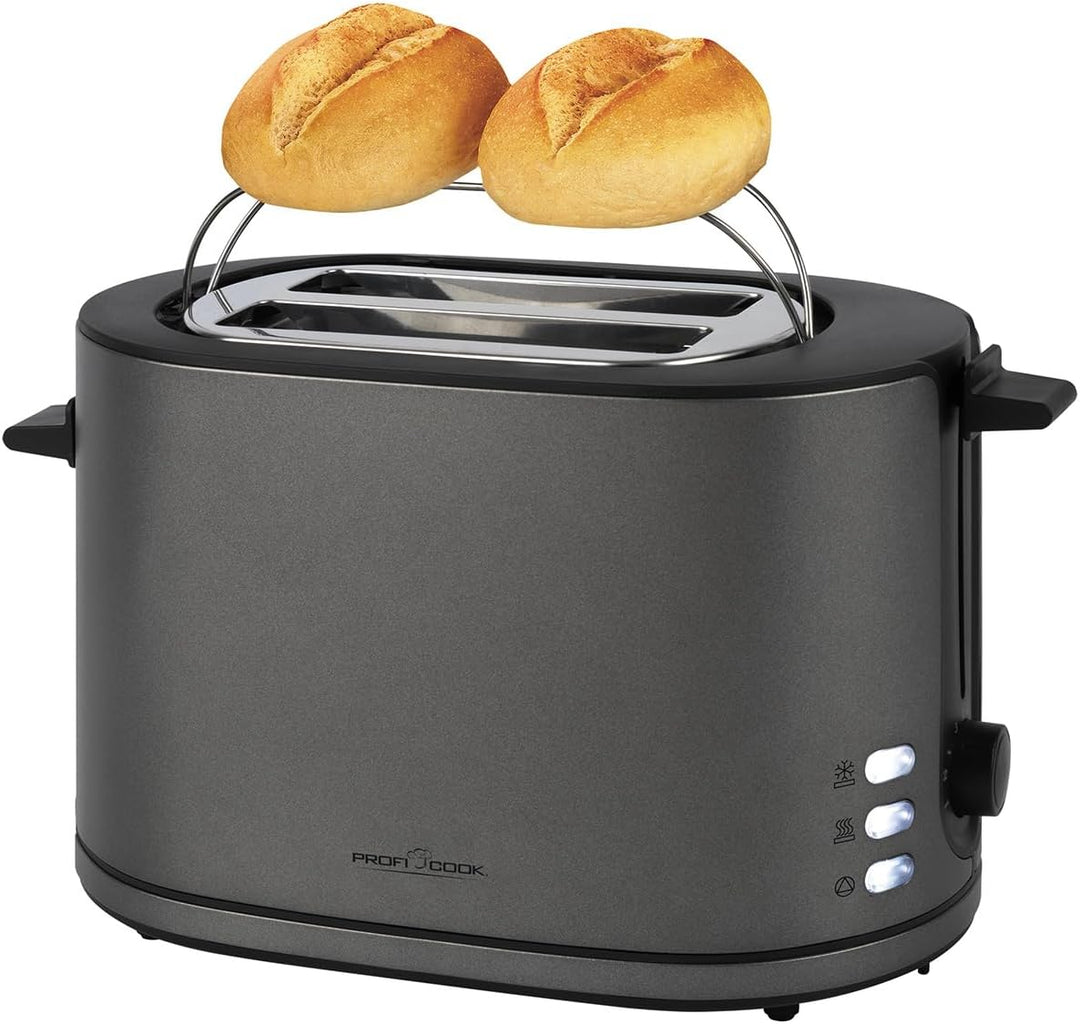 ProfiCook® Toaster 2 Scheiben mit Brötchenaufsatz | mattes Edelstahlgehäuse | 900W | extra breite To