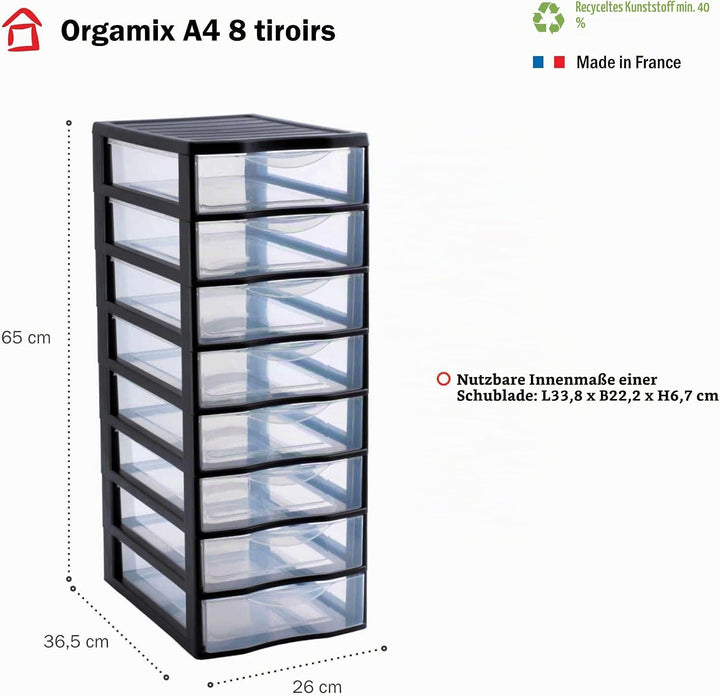 SUNDIS Orgamix, schubladenbox aus Kunststoff, 8 transparente Schubladen im A4-Papierformat, Höhe 65
