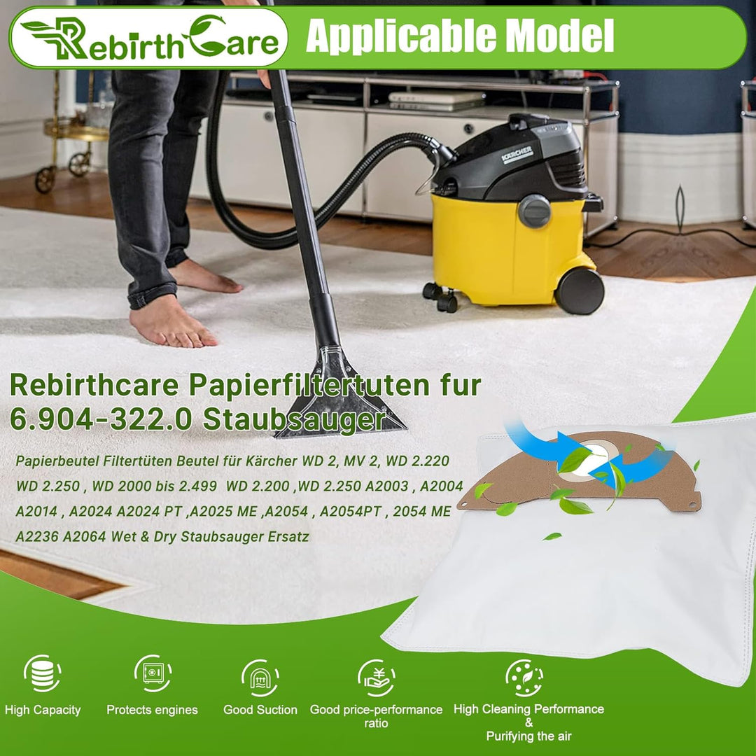 Rebirthcare 15 stück wd2 ersatzbeutel für kärcher 6.904-322.0 mv2 wd 2.200 bis wd 2.550 a2000 bis 20