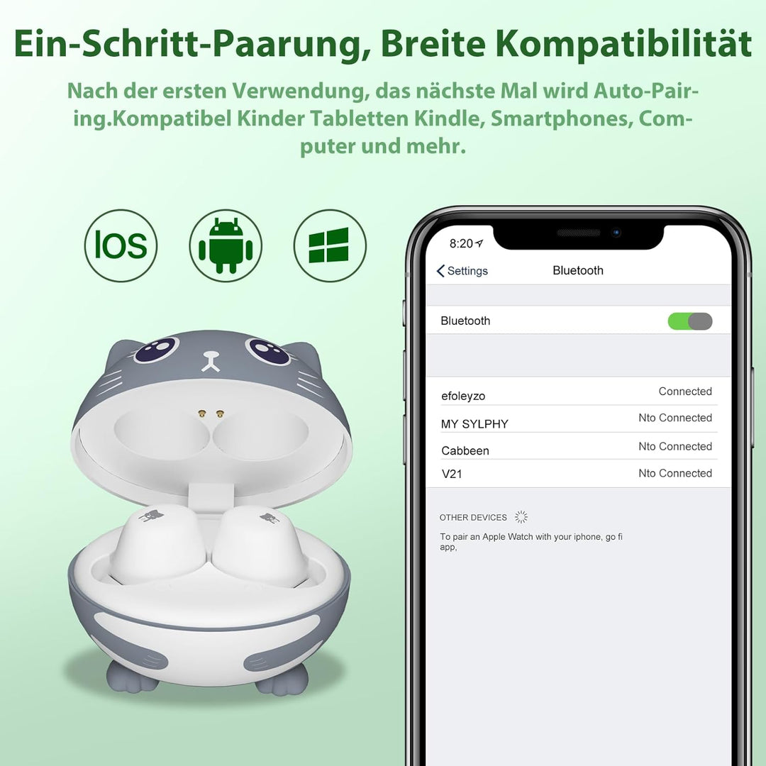Kinder Kopfhörer Bluetooth, 30 Stunden Spielzeit, Niedliche Katze, Sichere Lautstärke 85 dBA, Blueto