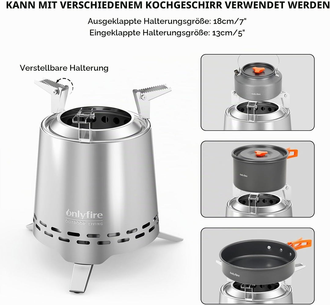 Onlyfire Edelstahl Tischfeuer mit Topfhalter und Tragetasche, Raucharmer Mini Tischkamin für Pellets