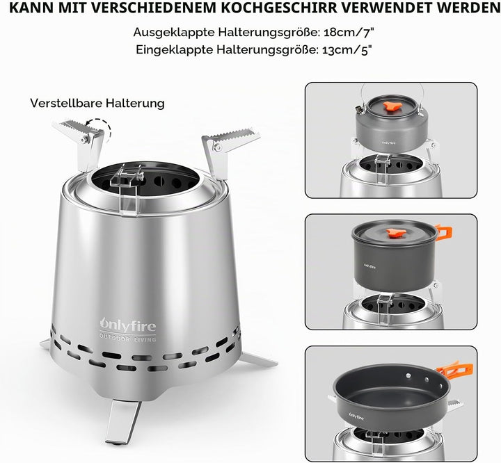 Onlyfire Edelstahl Tischfeuer mit Topfhalter und Tragetasche, Raucharmer Mini Tischkamin für Pellets